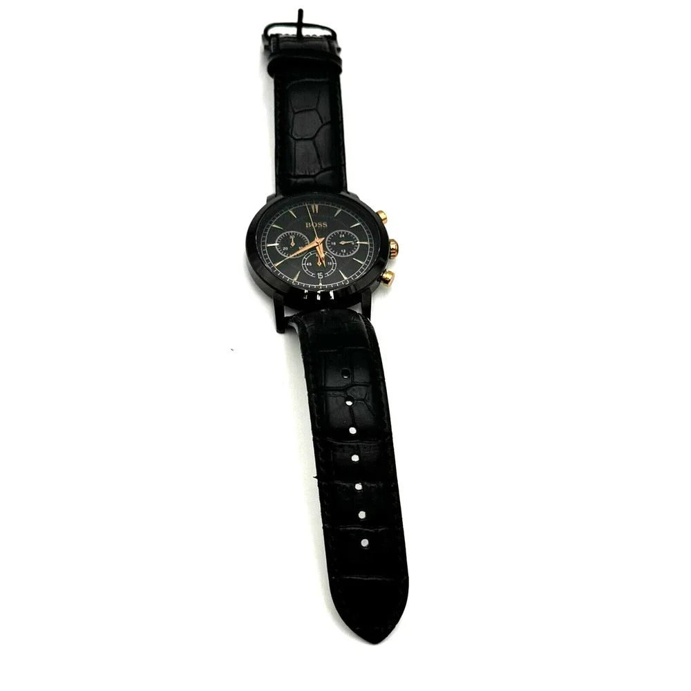 HUGO BOSS Black Gold Dial Watch Croc Embossed Leather Band‎ Water-Resistant Date